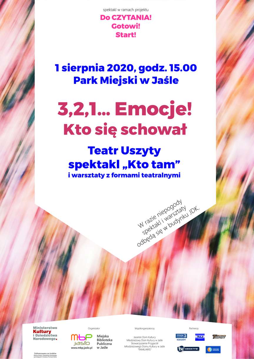 3, 2, 1... Emocje! Kto się schował - Teatr Uszyty spektakl "Kto tam" i warsztaty z formami teatralnymi w Parku Miejskim w Jaśle