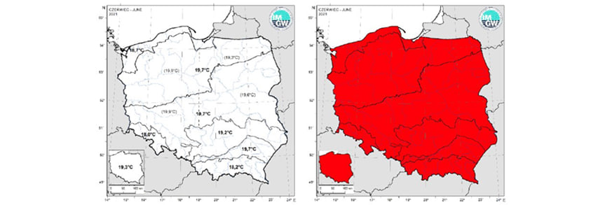 Wartości średniej obszarowej temperatury powietrza oraz klasyfikacja termiczna w czerwcu