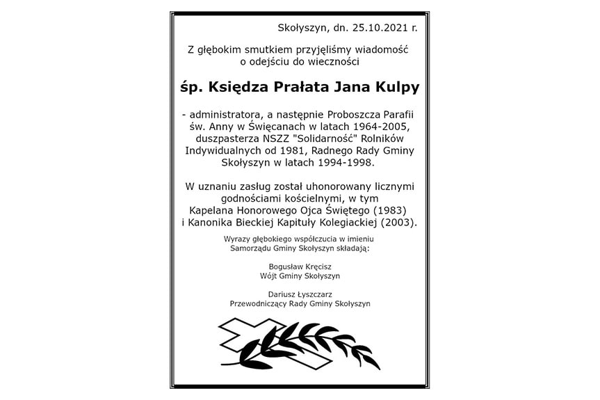 Kondolencje Ks. prał. Jan Kulpa