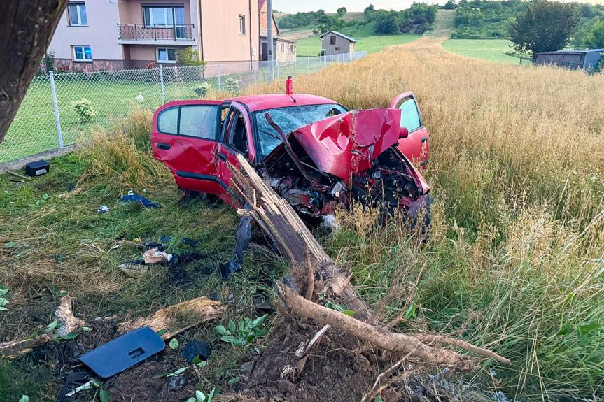 Groźny wypadek o świcie. Samochód roztrzaskał się na drzewie i słupie Groźny wypadek o świcie. Samochód roztrzaskał się na drzewie i słupie